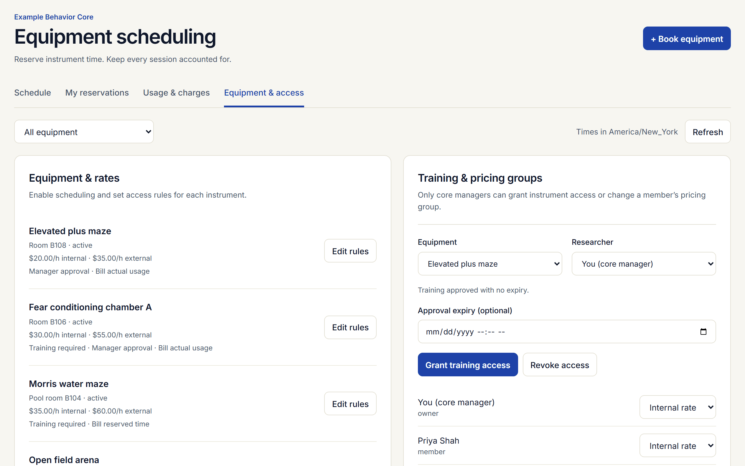 Equipment and access tab listing instruments with rates and rules, and the training access form.