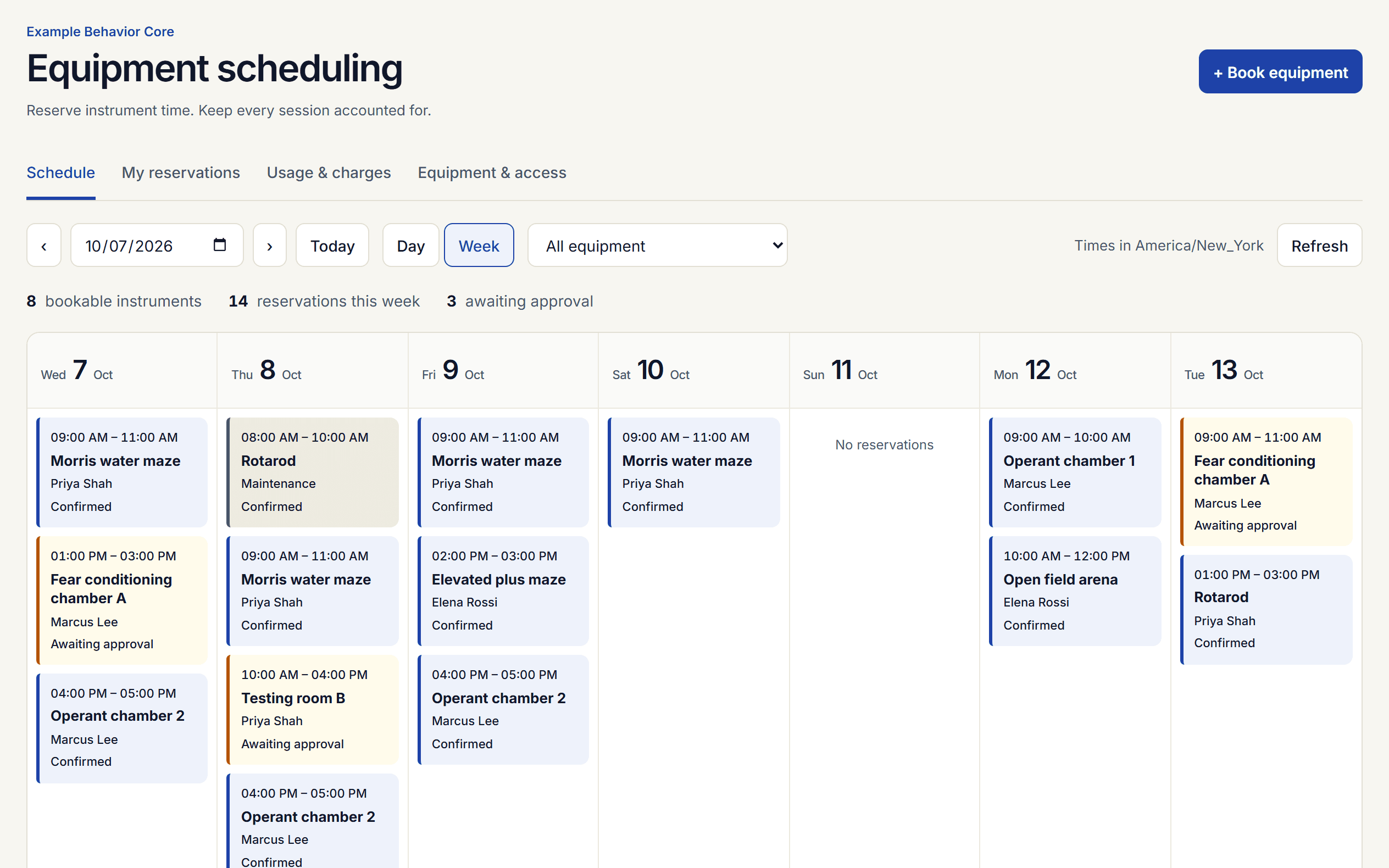 Week view with bookings for each instrument in the example core, colored by status.